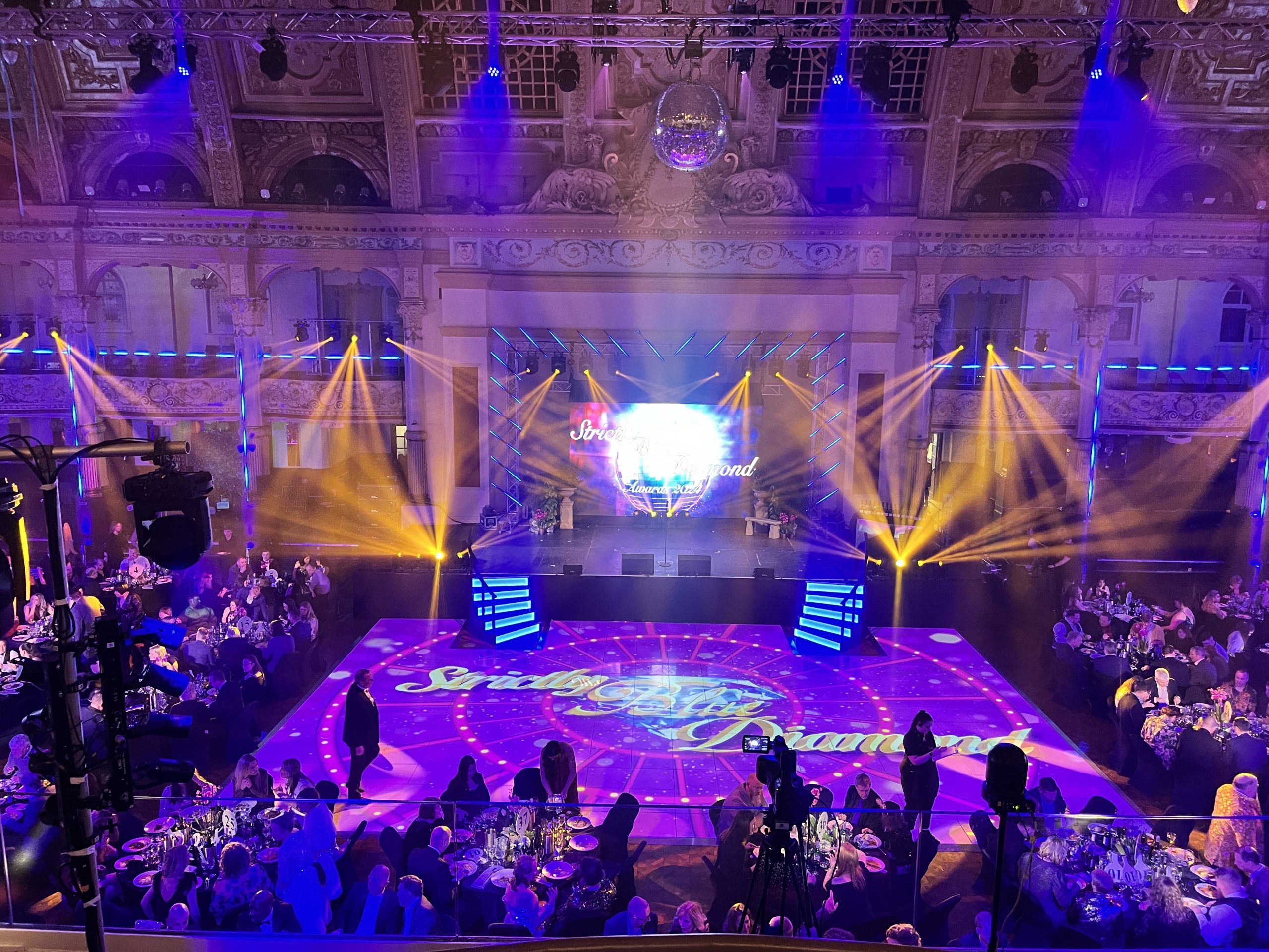 The dancefloor was centre stage with bespoke lighting and projection for Blue Diamond Corporate Awards 2024 held at Blackpool Winter Gardens Ballroom